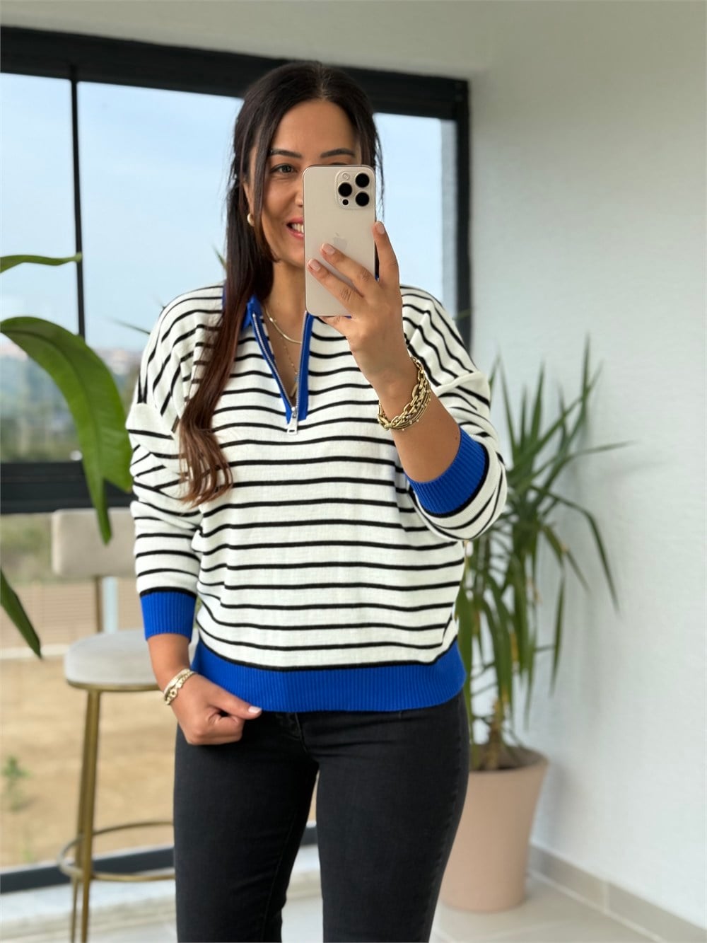 Polo Yaka Çizgili Renk Detaylı Sweatshirt Mavi