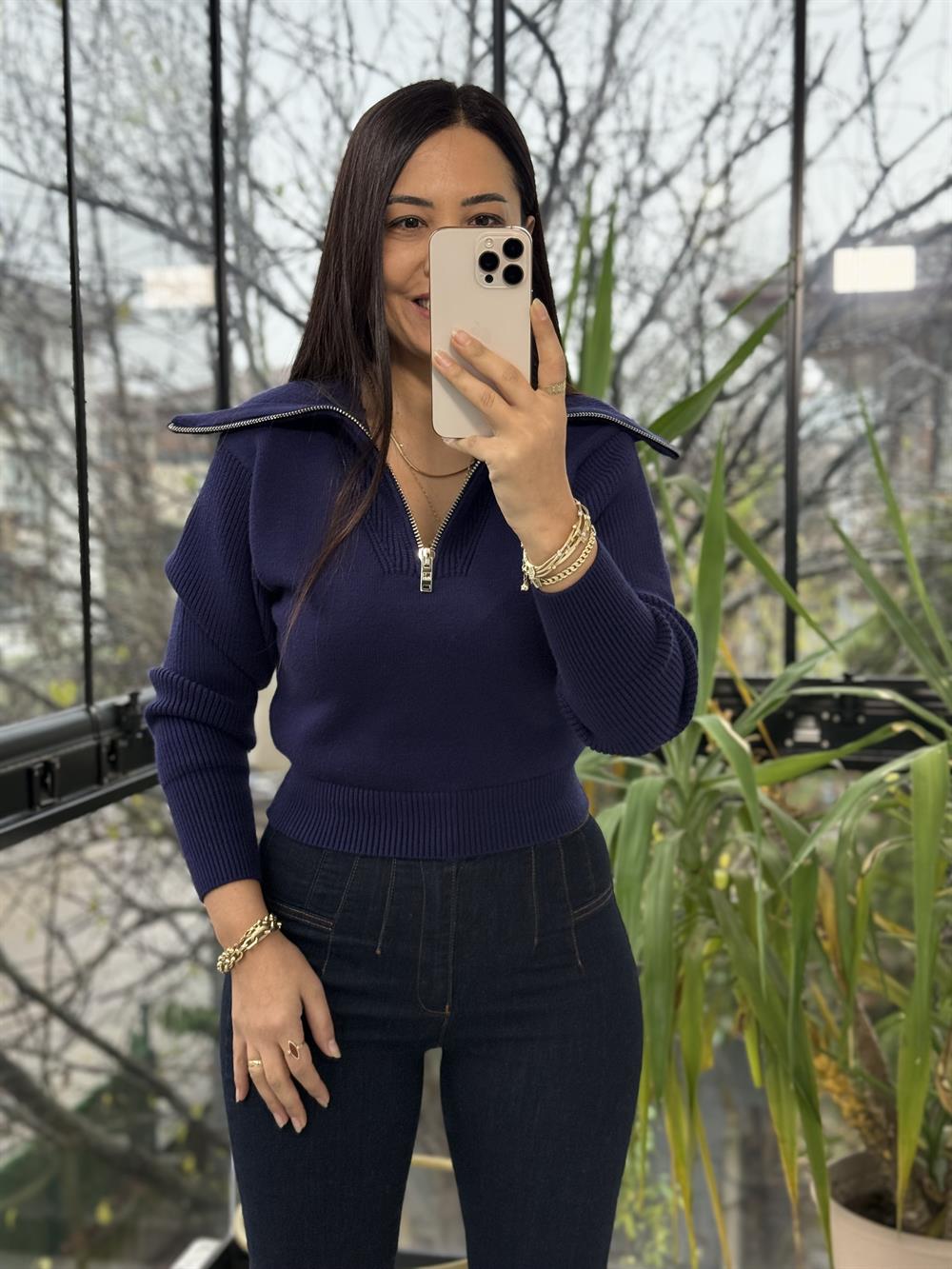 Fermuarlı Crop Triko Kazak Lacivert