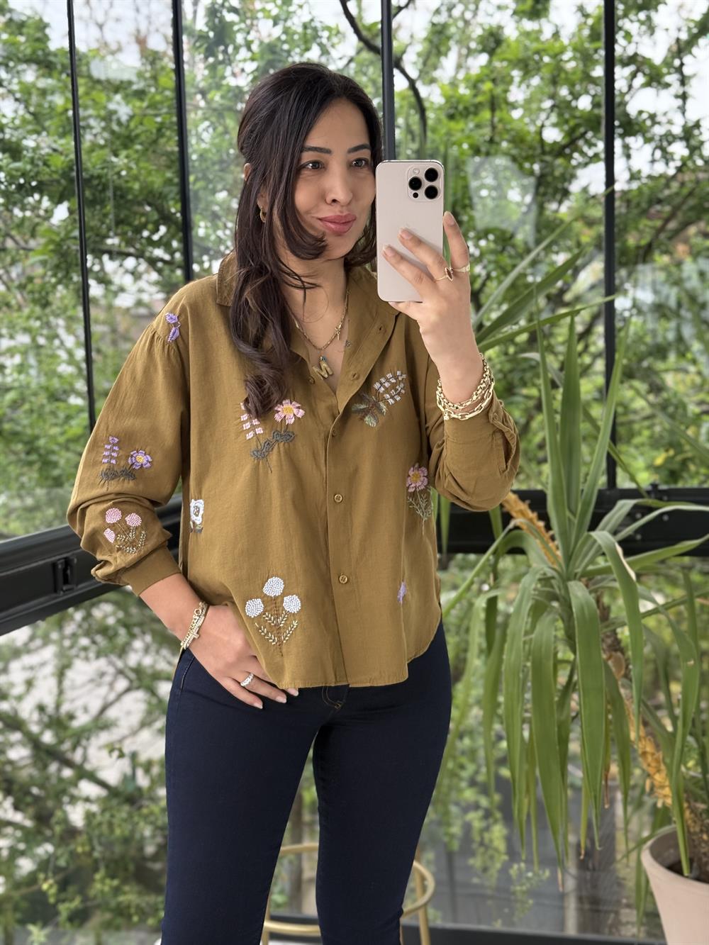 Bahar Nakışlı Gömlek Tütün