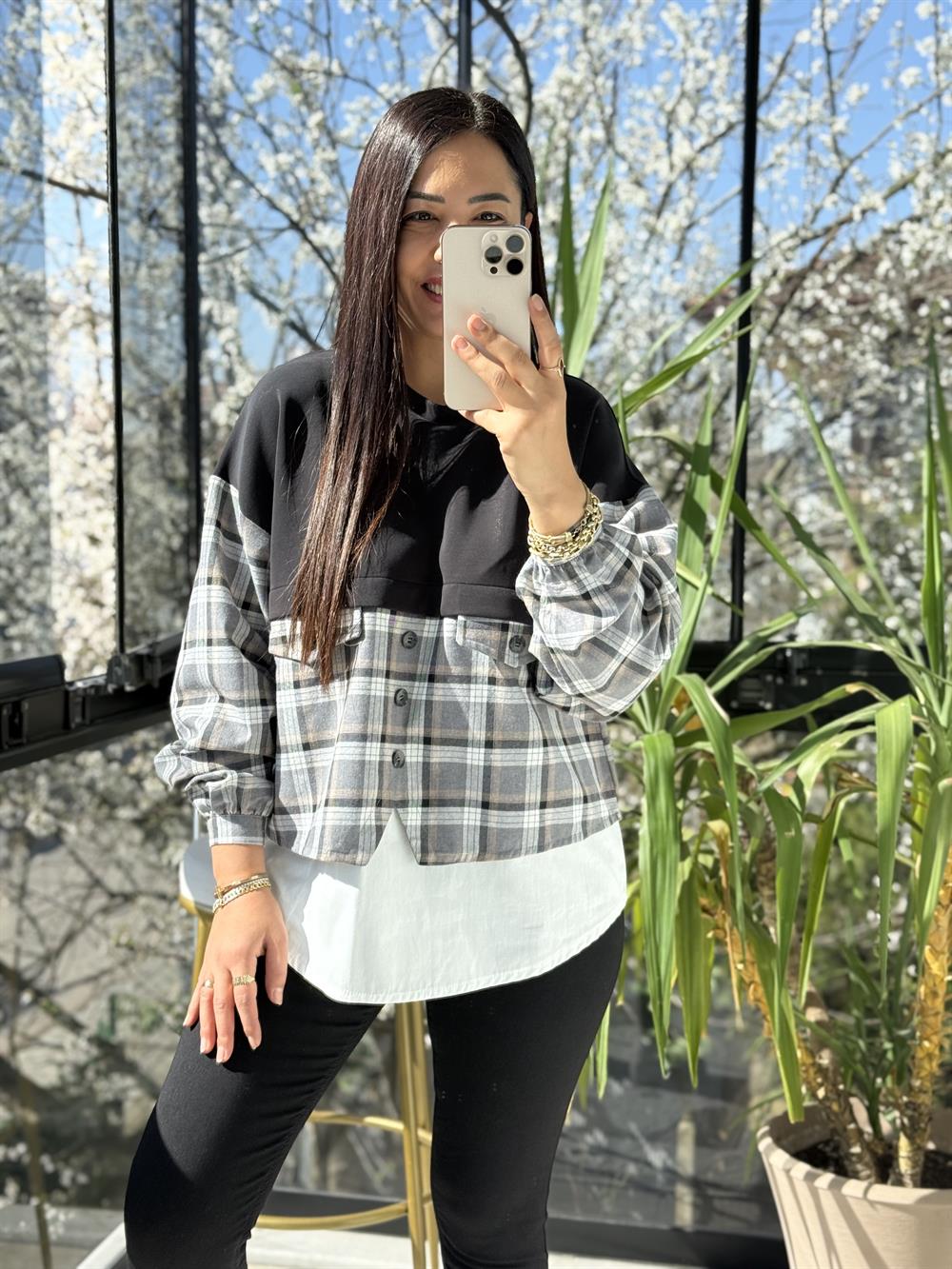 Mix kumaş Sweat Gömlek Siyah