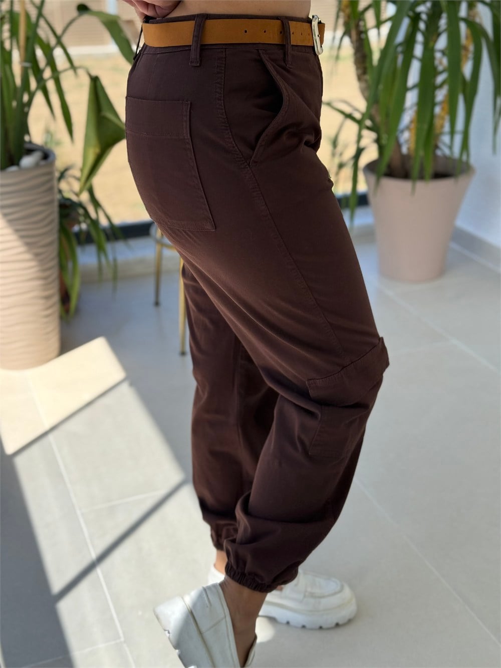 Paçası Lastikli Kargo Pantolon Kahve 