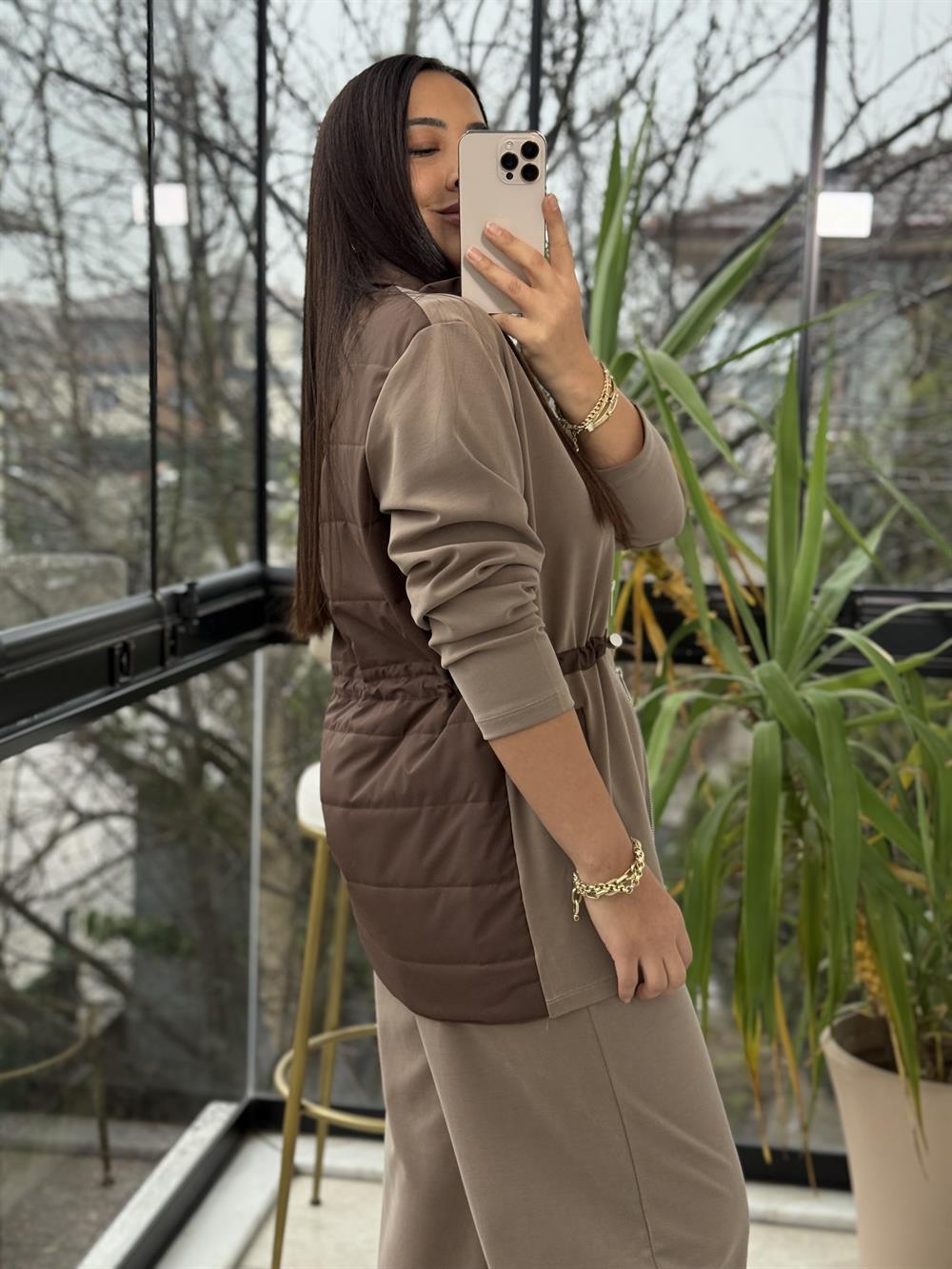 Beli Büzgü Detaylı Takım Vizon