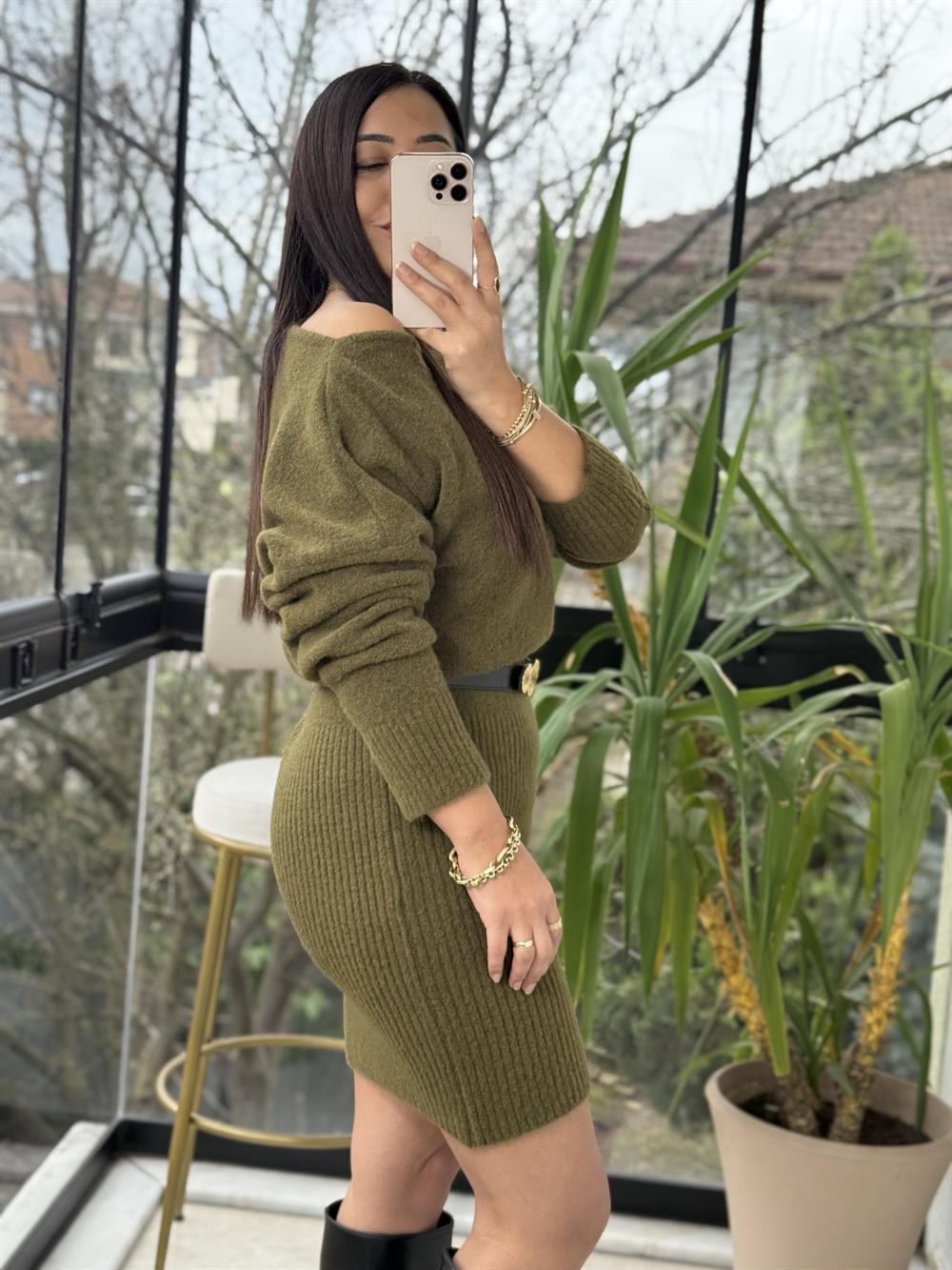 Kısa Kazak Elbise Haki Yeşili