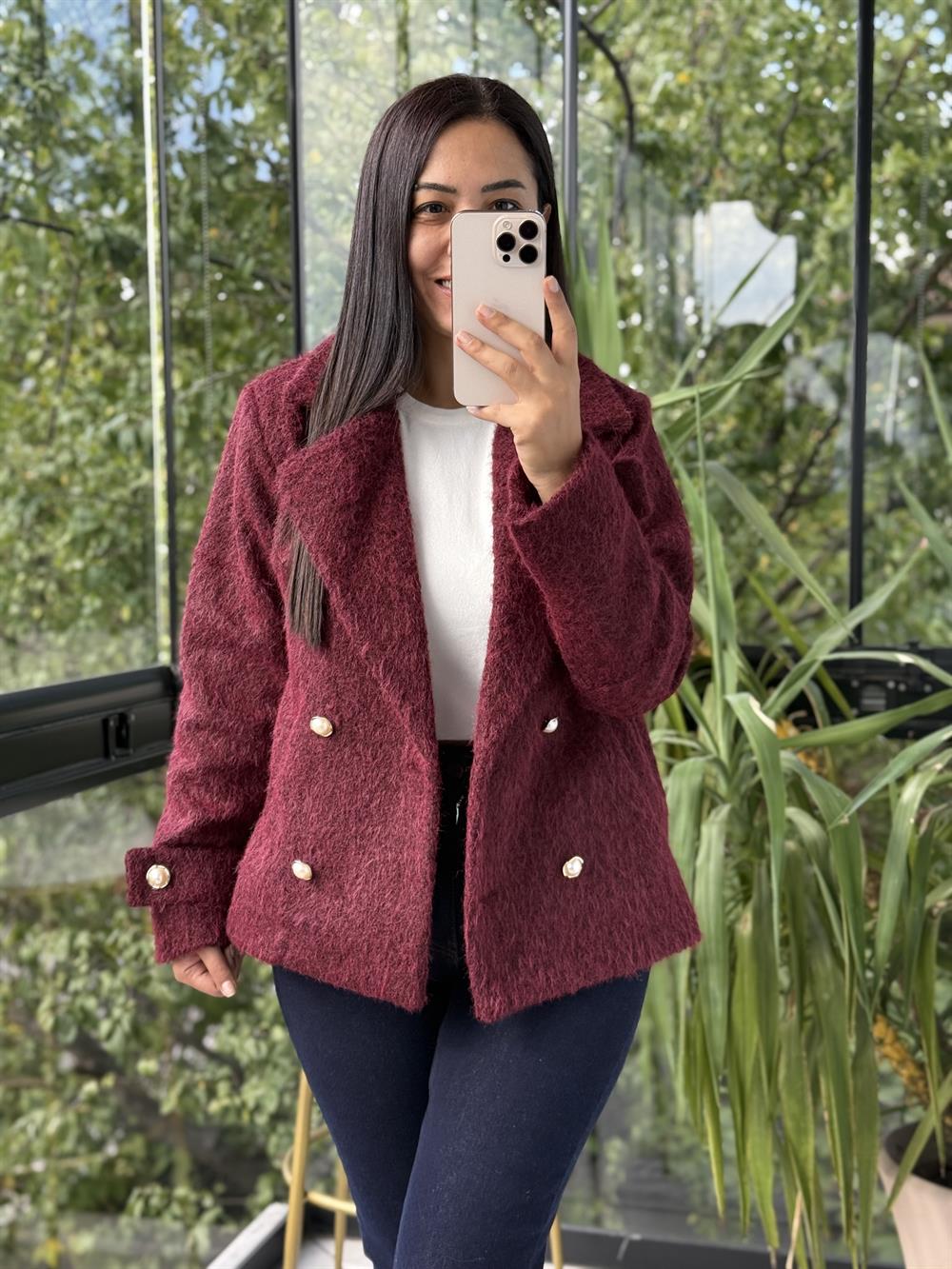 Gold Düğmeli Yün Kaban Ceket Bordo