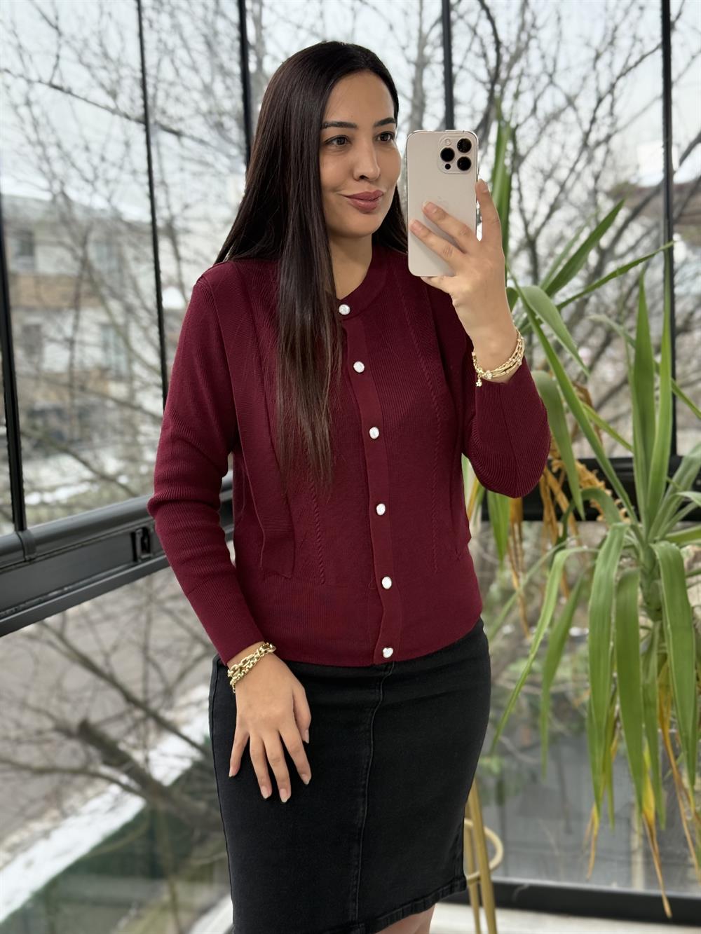 Triko Detaylı Bluz Bordo