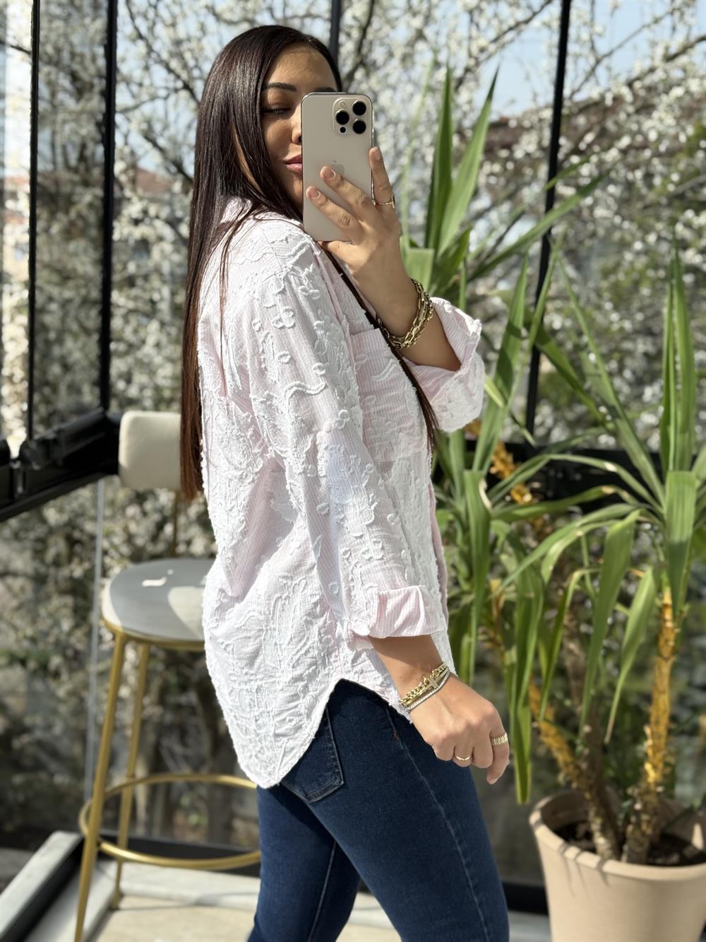 Kabartmalı Çizgili Pamuklu Gömlek Pembe