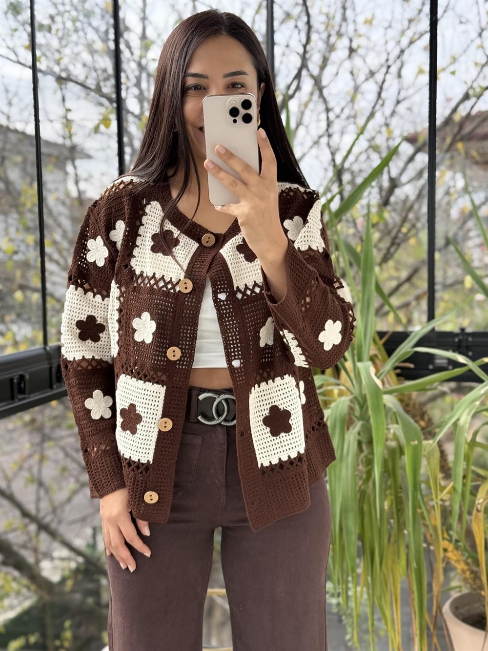 Kareli Örme Hırka Kahve