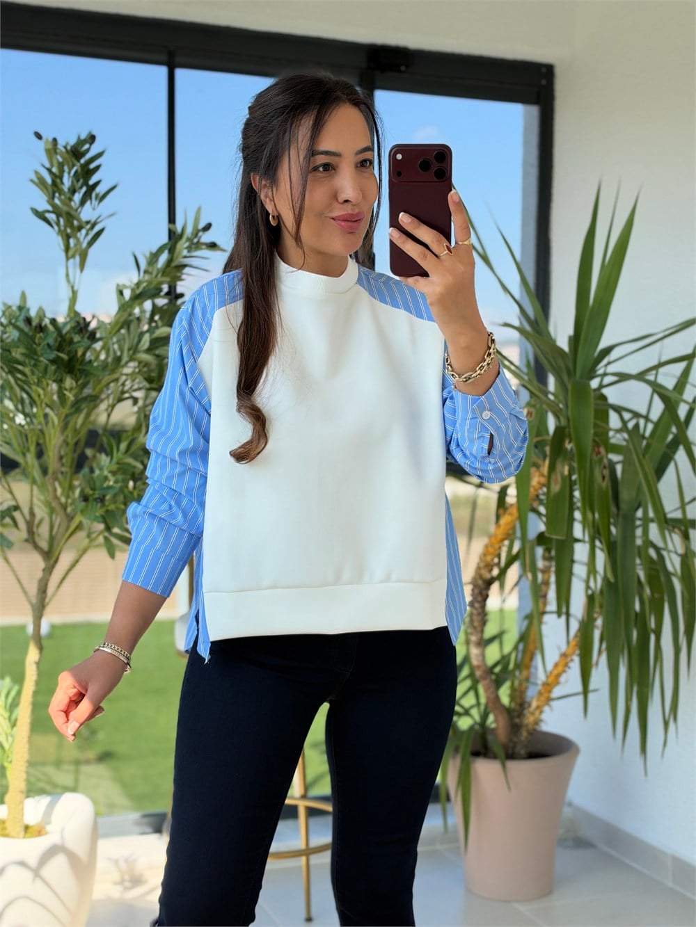 Kolu Ve Arkası Çizgili Poplin Modal Sweatshirt Beyaz