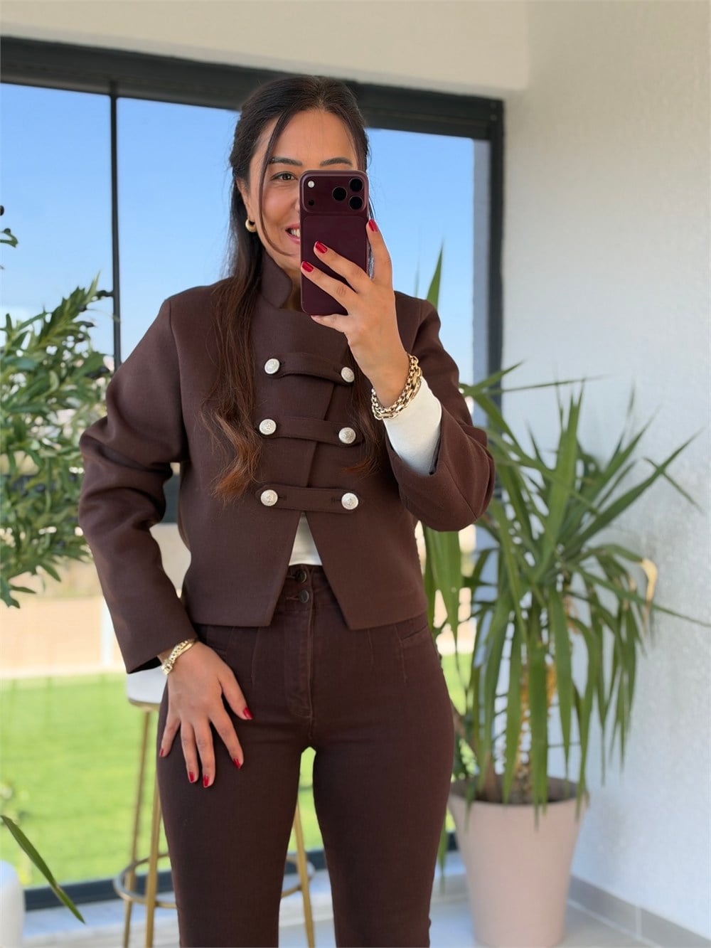 Çapraz Yaka Kaşe Ceket Kahve