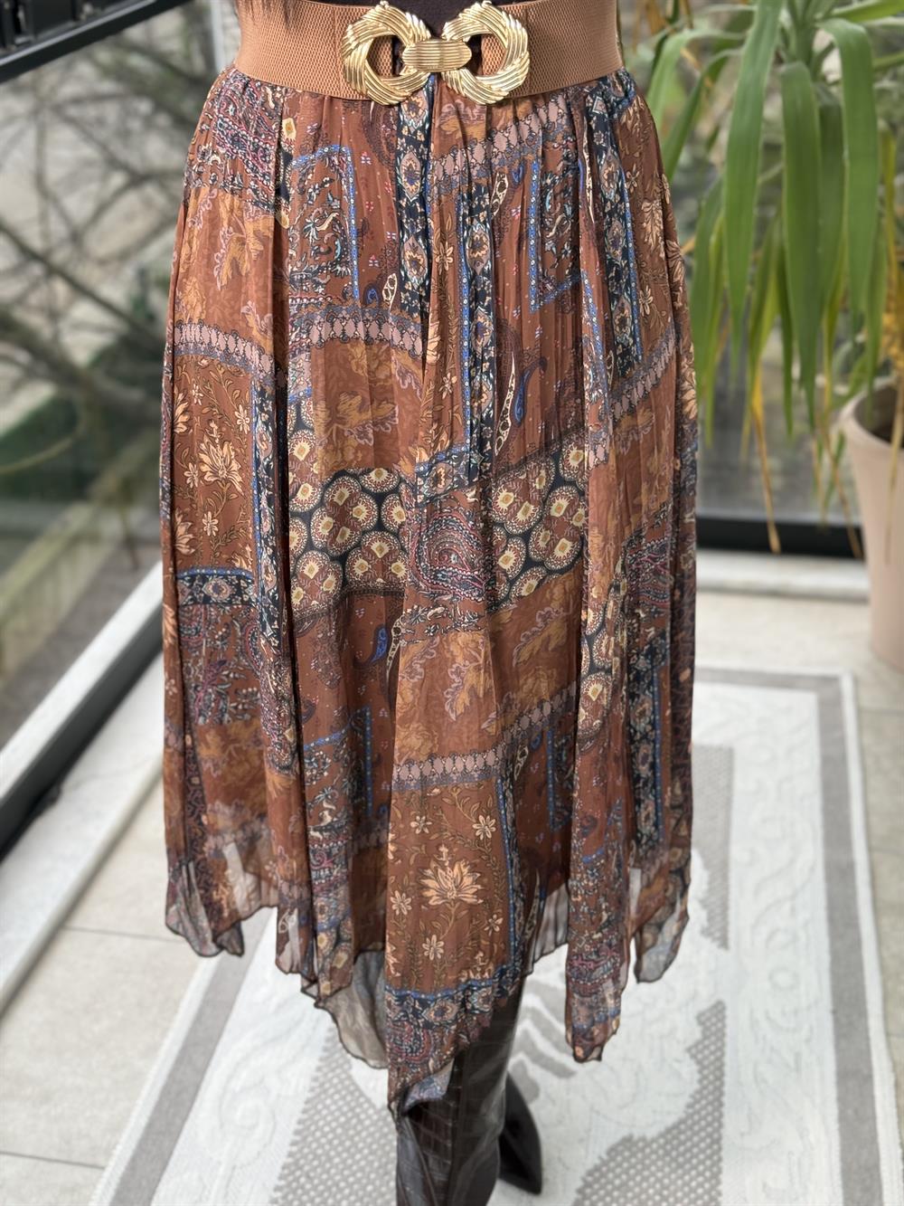 Etnik Desen Asimetrik Kesim Etek Kahve