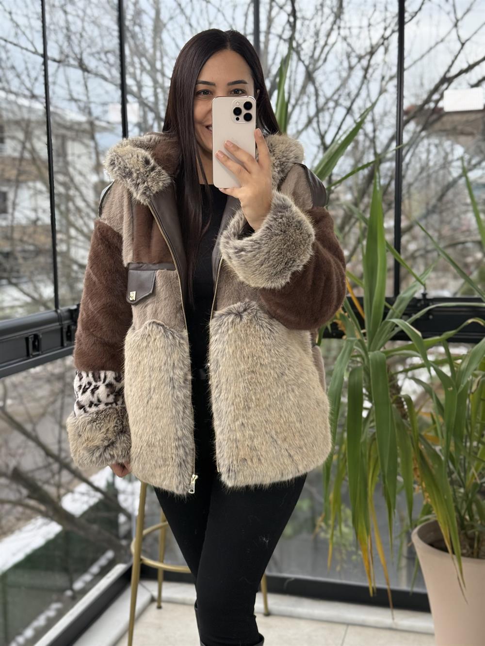 İthal Parçalı Tasarım Kürk Mont Kahve