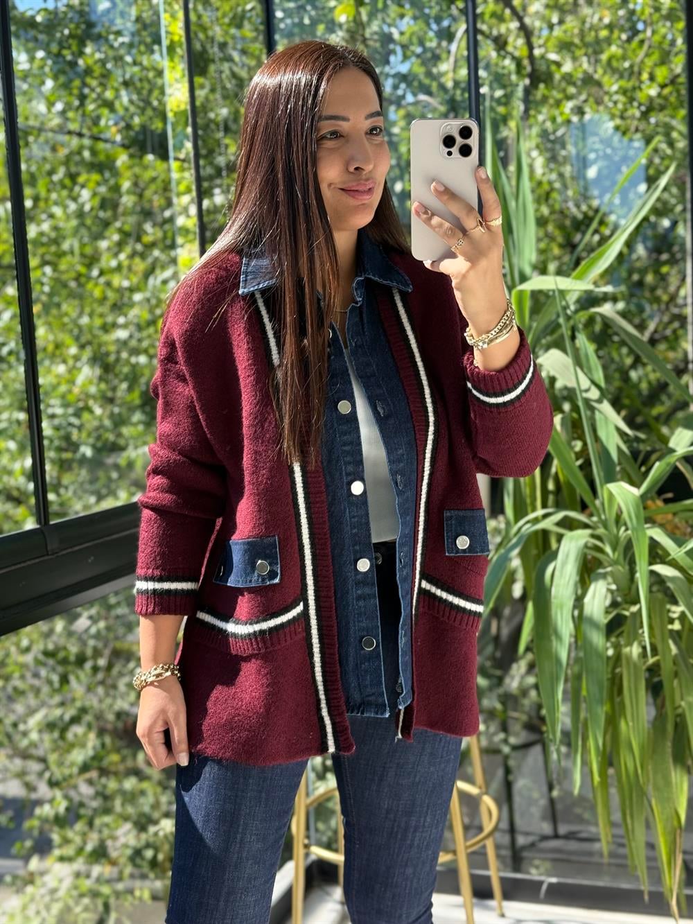 Angora Hırka Kot Detaylı Bordo