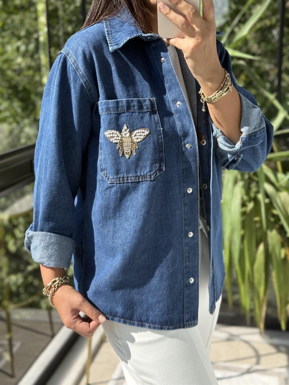 Cebi İşlemeli Baskılı Bymn Gömlek Ceket Mavi