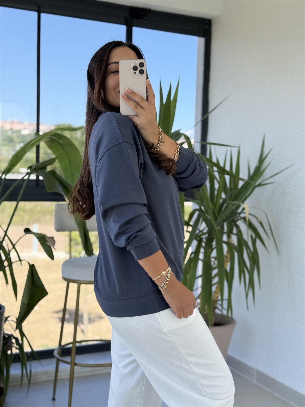 Oysh Basic Sweatshirt İndigo mavi