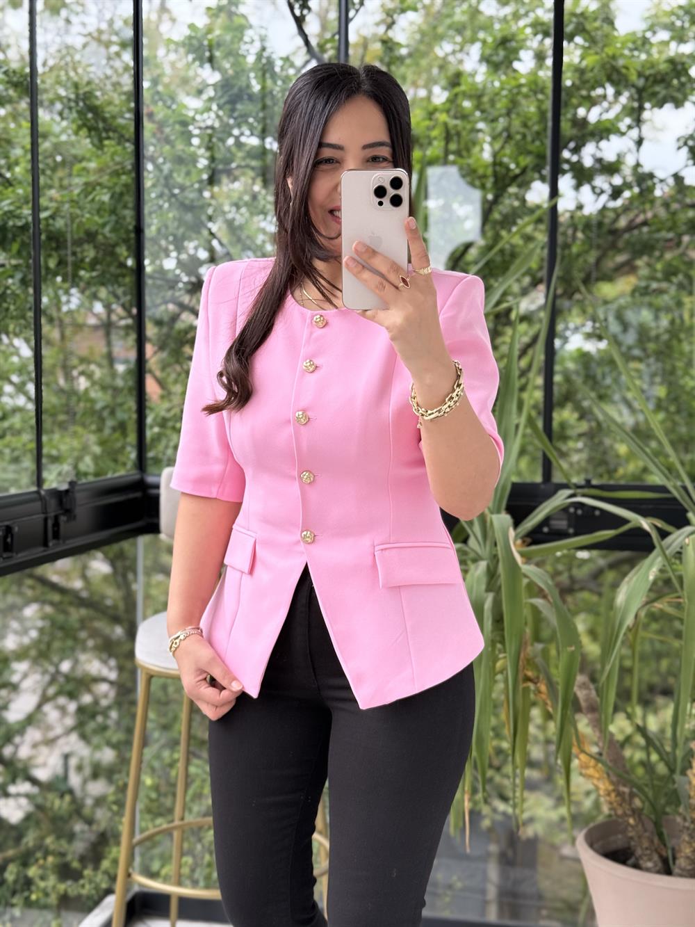 Slimfit Mini Gold Düğme Kısa Kol Blazer Pembe