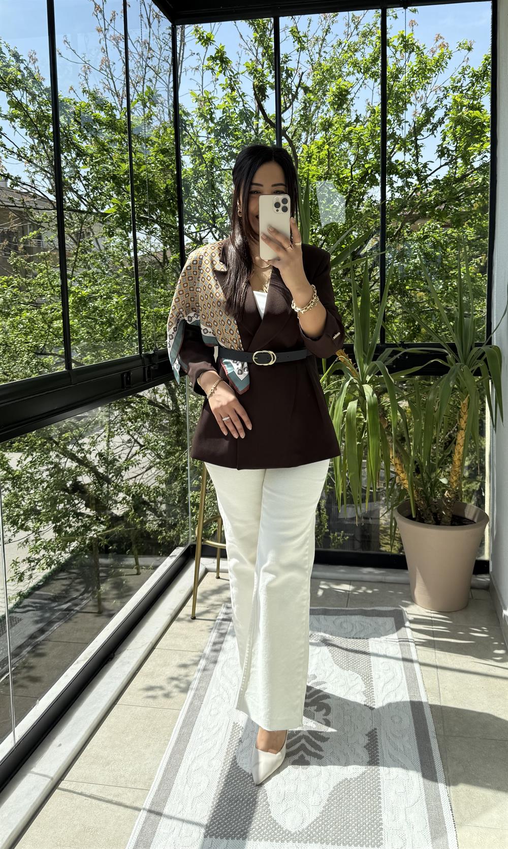 Çift Pileli Şallı Ceket Kahve