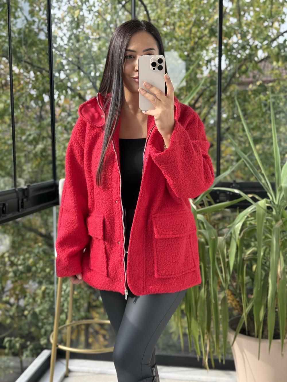 Cepli Kaşe Kaban Kırmızı