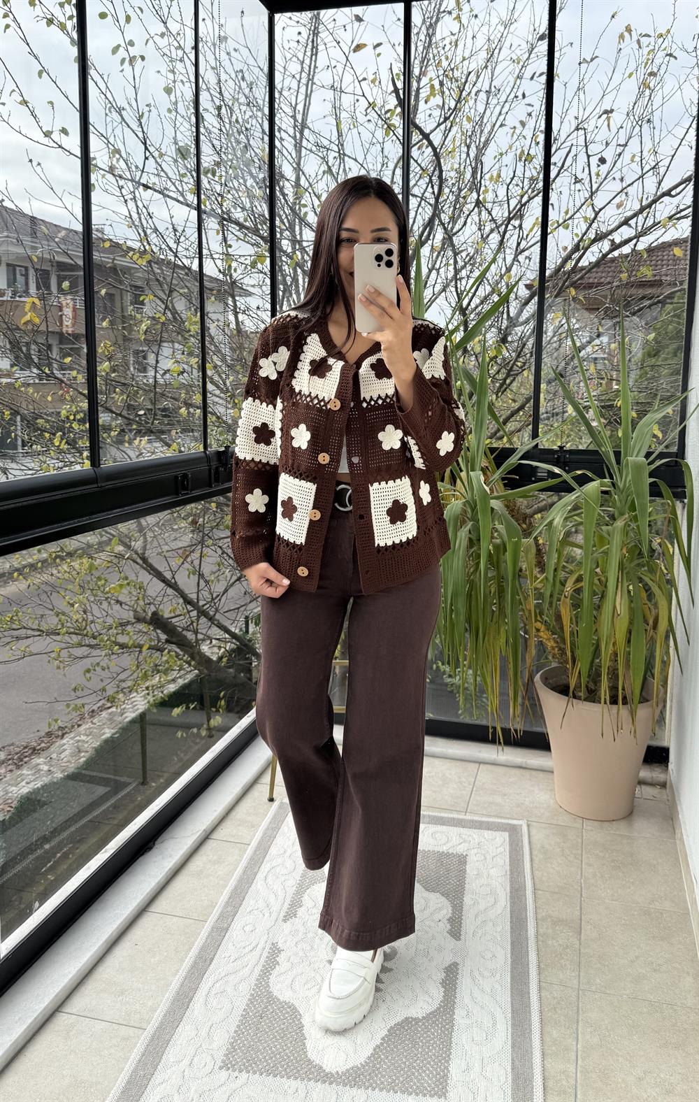 Kareli Örme Hırka Kahve