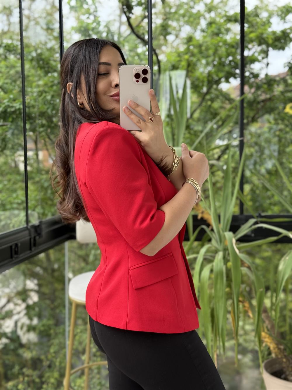 Slimfit Mini Gold Düğme Kısa Kol Blazer Kırmızı