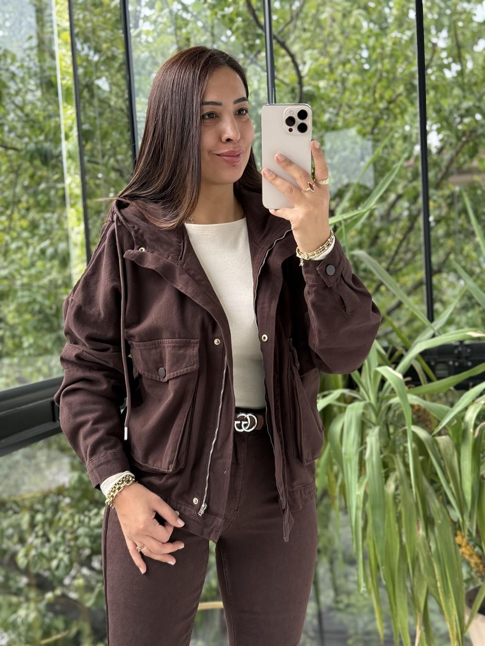 Kapüşonlu Kot Ceket Kahve