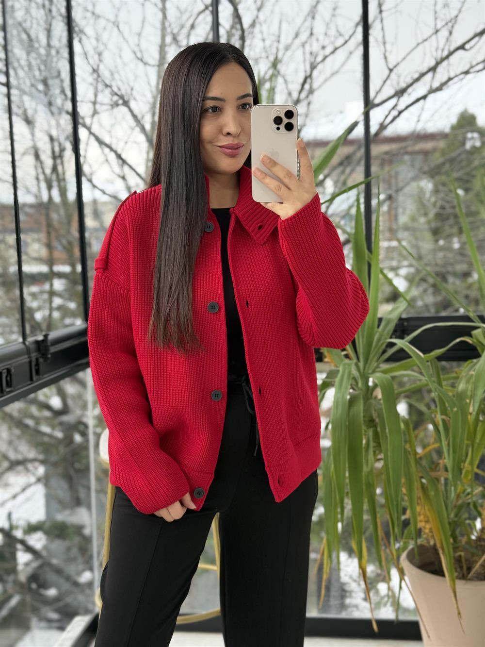 Düğmeli Selanik Örgü Ceket Hırka Kırmızı