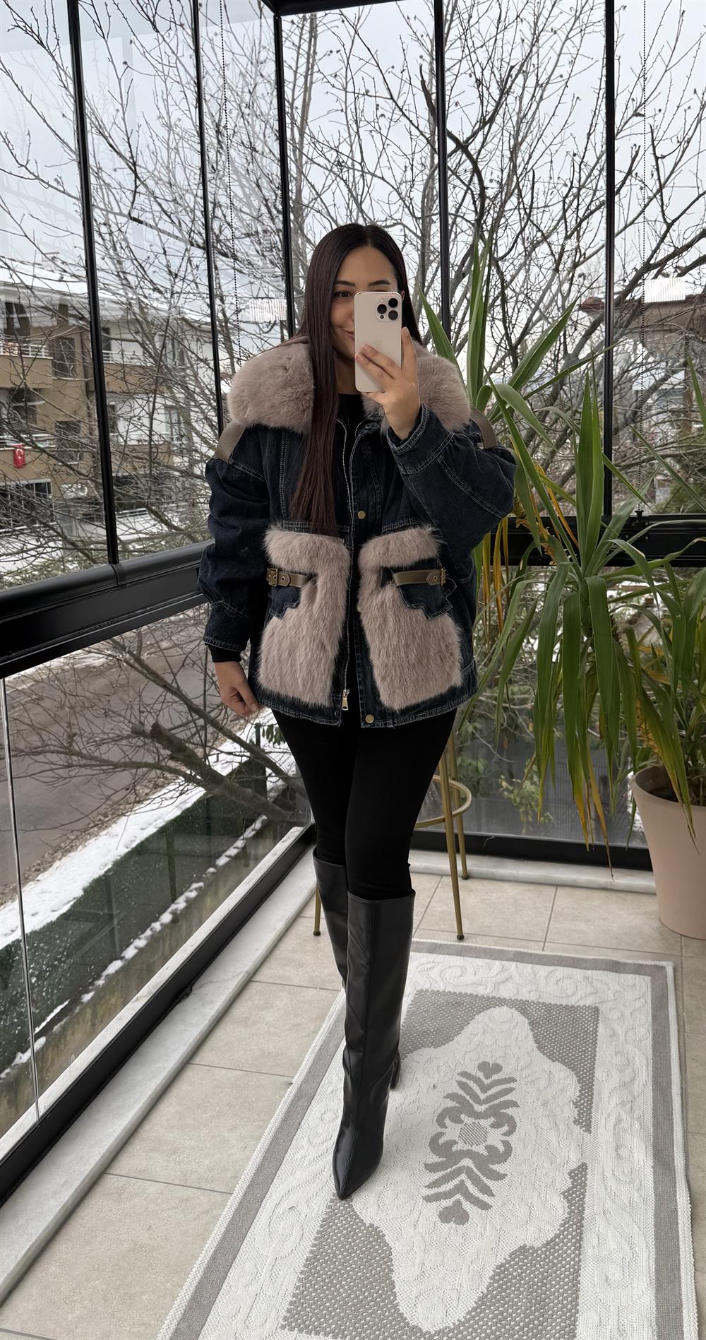 İthal Cebi Ve Yakası Kürk Kot Mont Lacivert