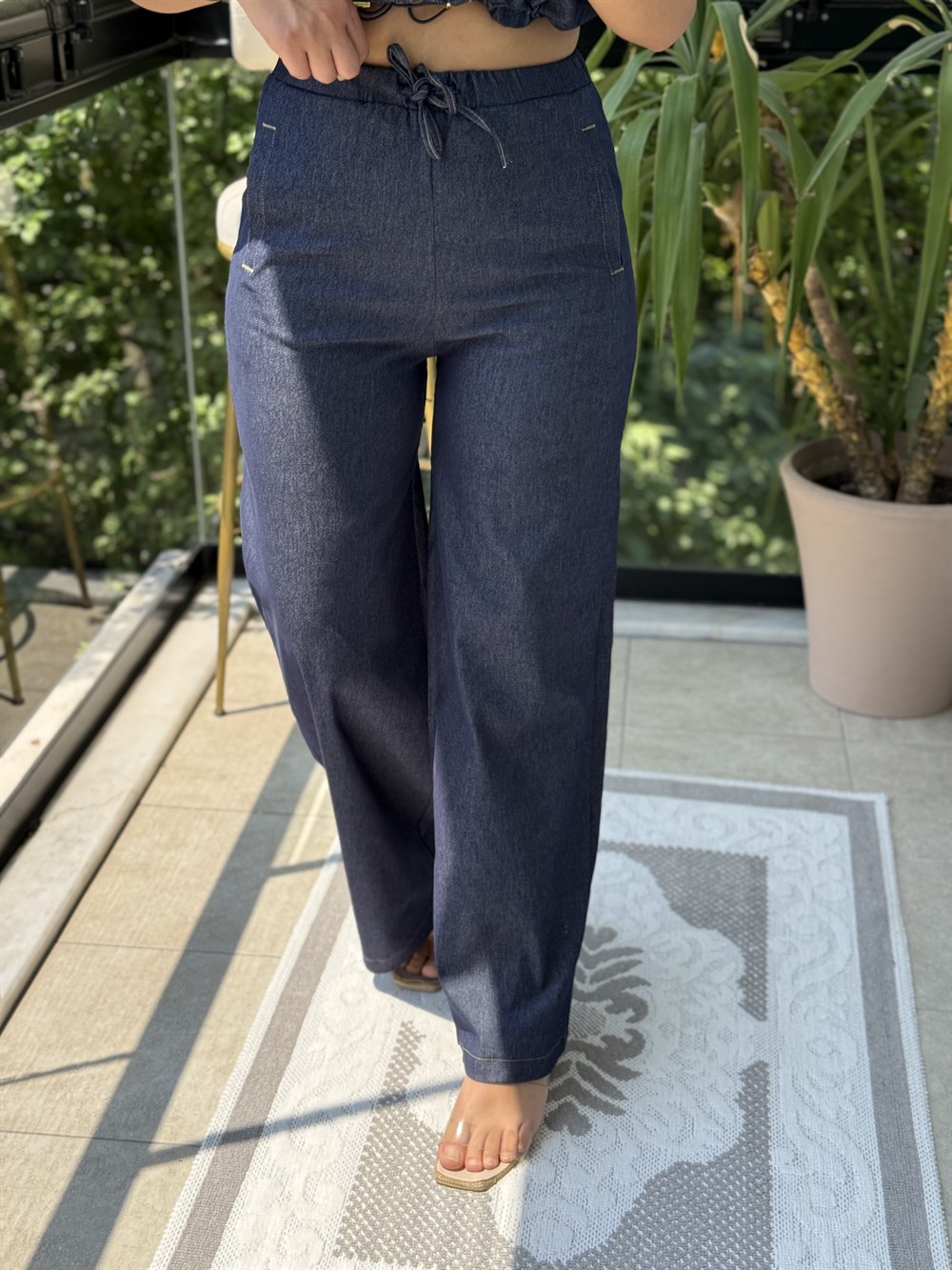 Lastikli Denim Pantolon Mavi