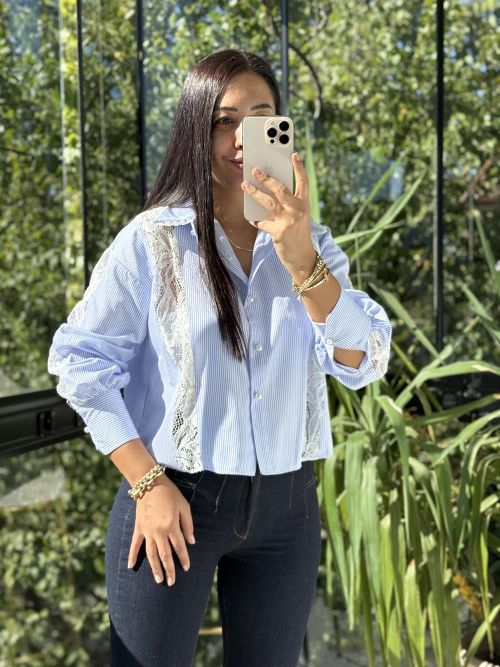 Güpür Mix İnci Düğmeli Gömlek Mavi