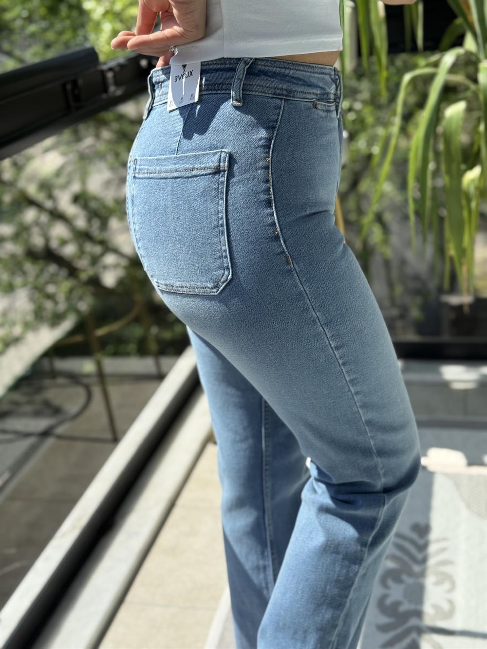 Dekoratif Cep Detaylı Palazzo Kot Pantolon Açık Mavi