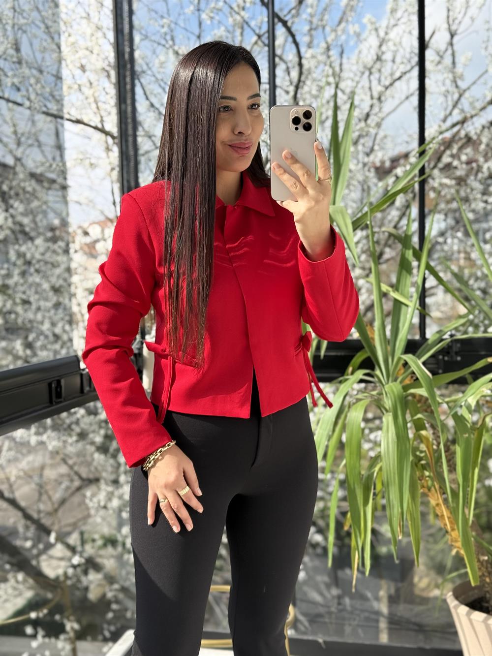 Uzun Kol Fiyonklu Blazer Ceket Kırmızı