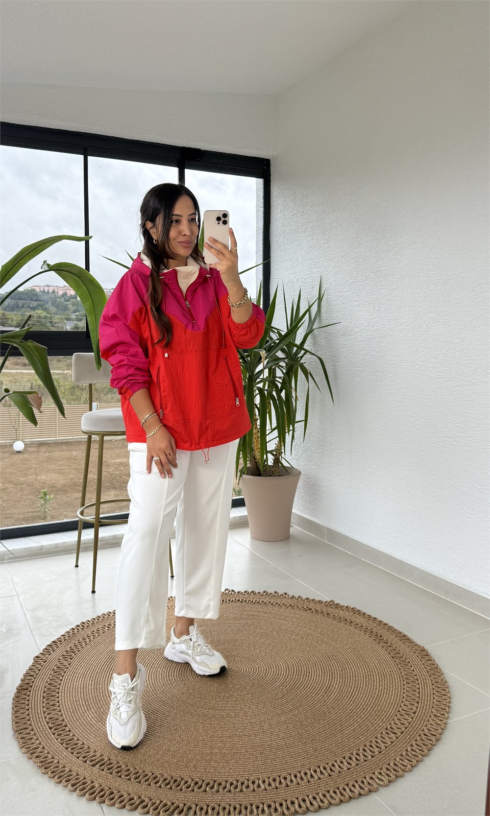 Renk Geçişli Fermuarlı Rüzgarlık Sweatshirt Pembe