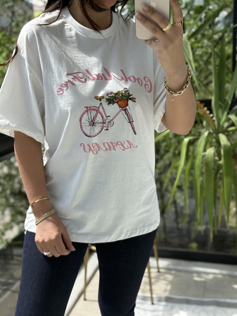 Pembe Bisikletli Tişört Ekru