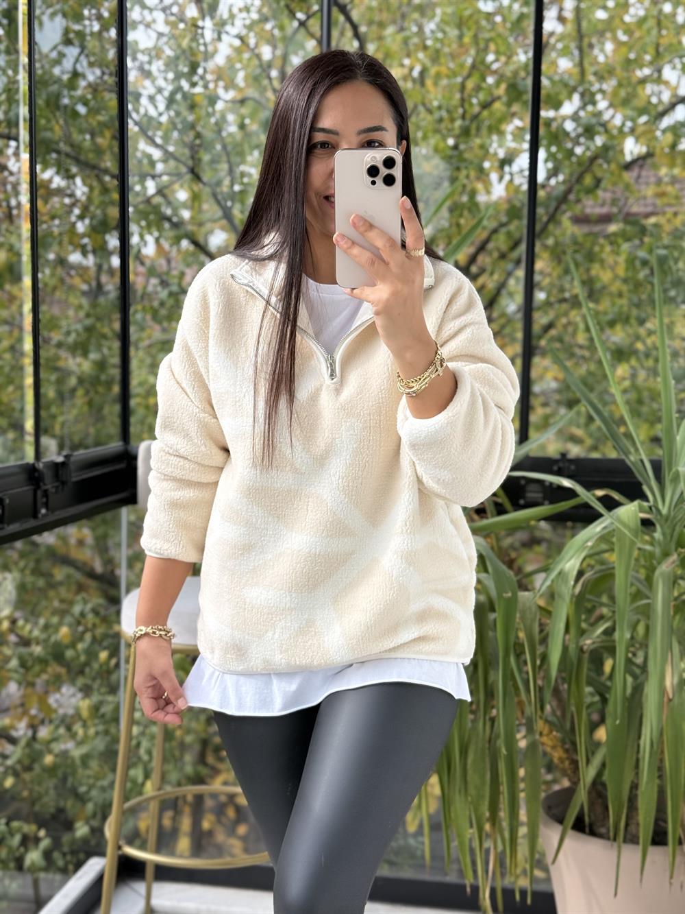 Desenli Fermuarlı Polar Sweat Bej