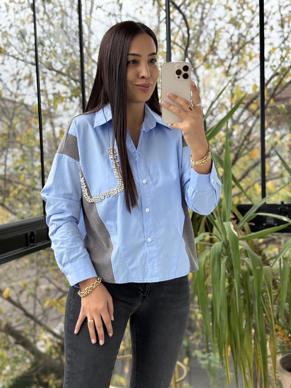 Triko Poplin Taş Detaylı Gömlek Mavi