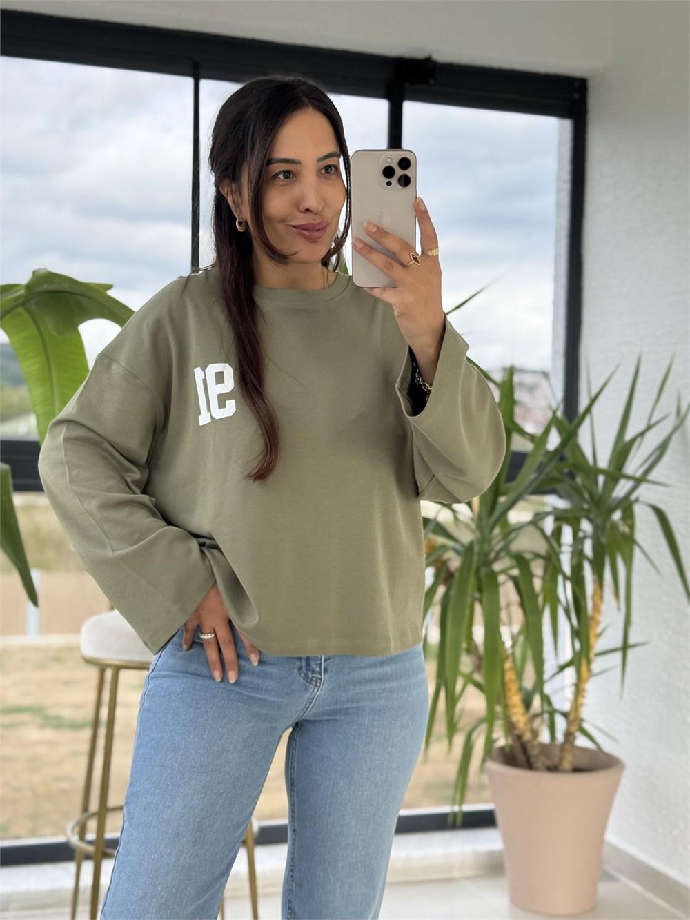 91 Baskılı Basic Sweatshirt Haki Yeşili