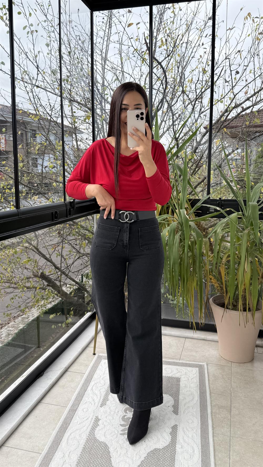 Sandy Kayık Yaka Bluz Kırmızı