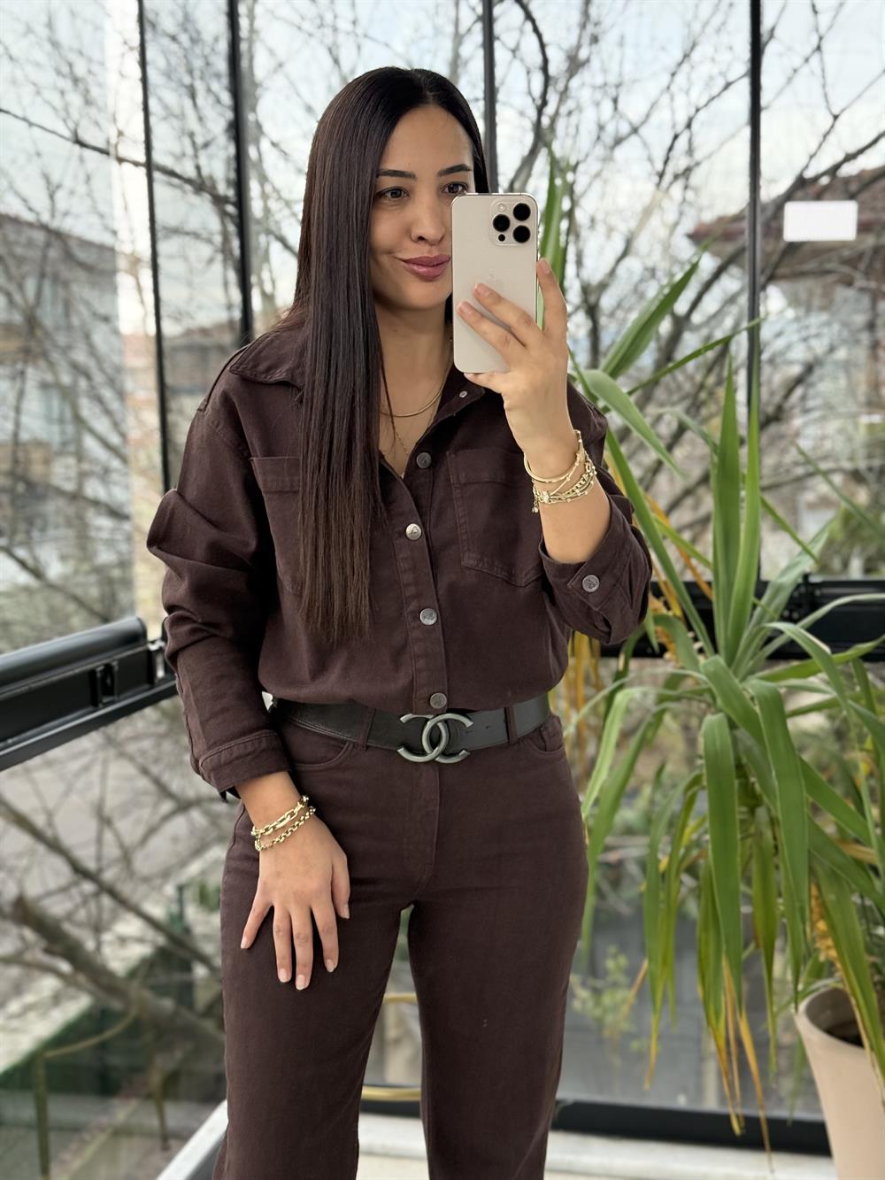 Beli Büzgülü Klasik Kot Tulum Kahve