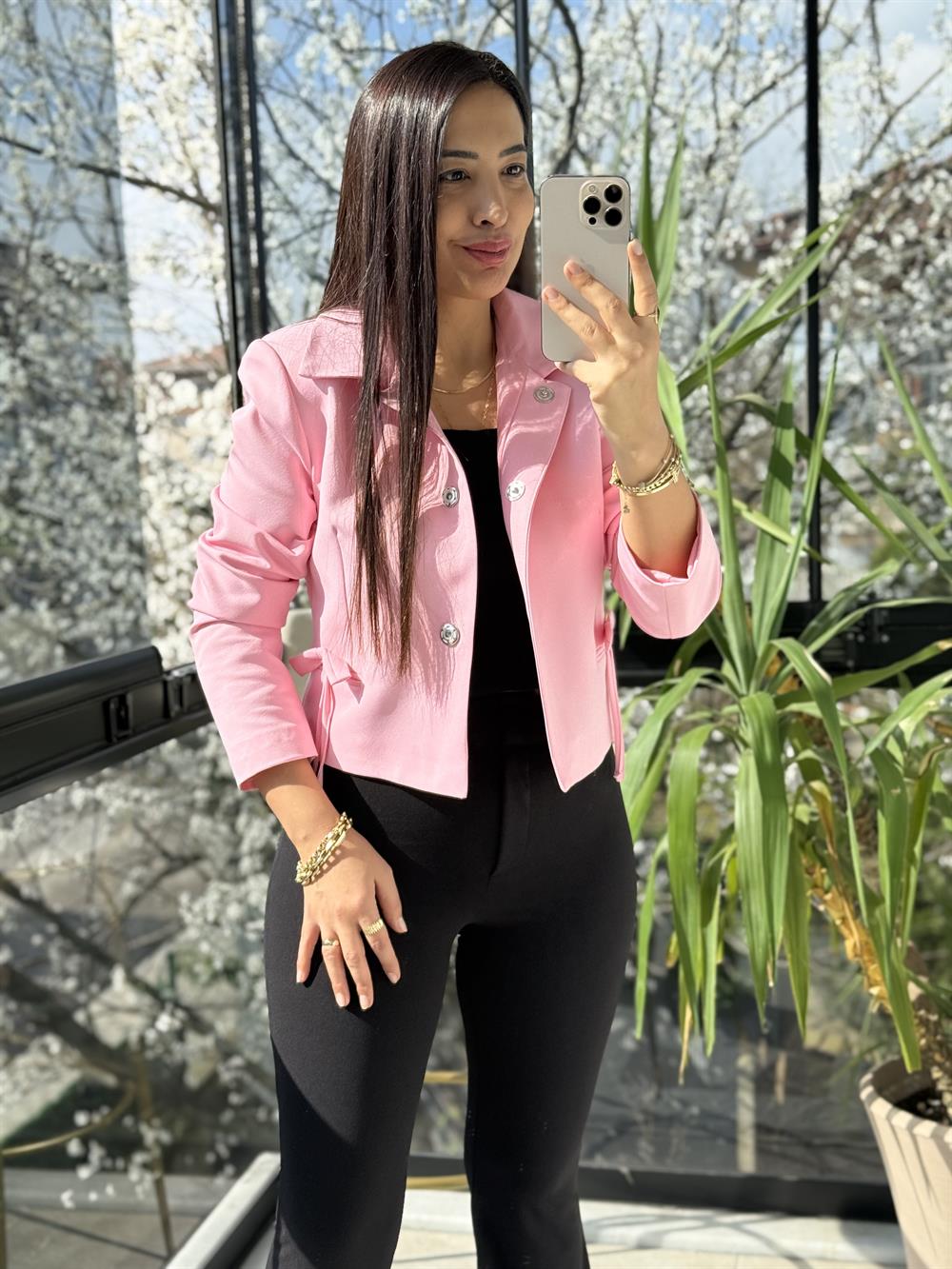 Uzun Kol Fiyonklu Blazer Ceket Pembe