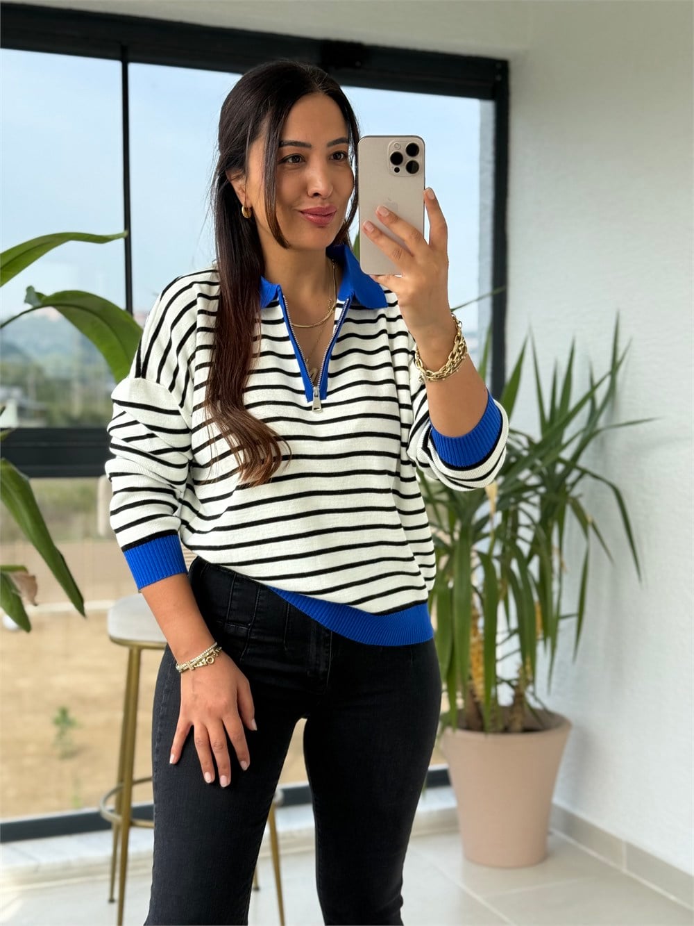 Polo Yaka Çizgili Renk Detaylı Sweatshirt Mavi