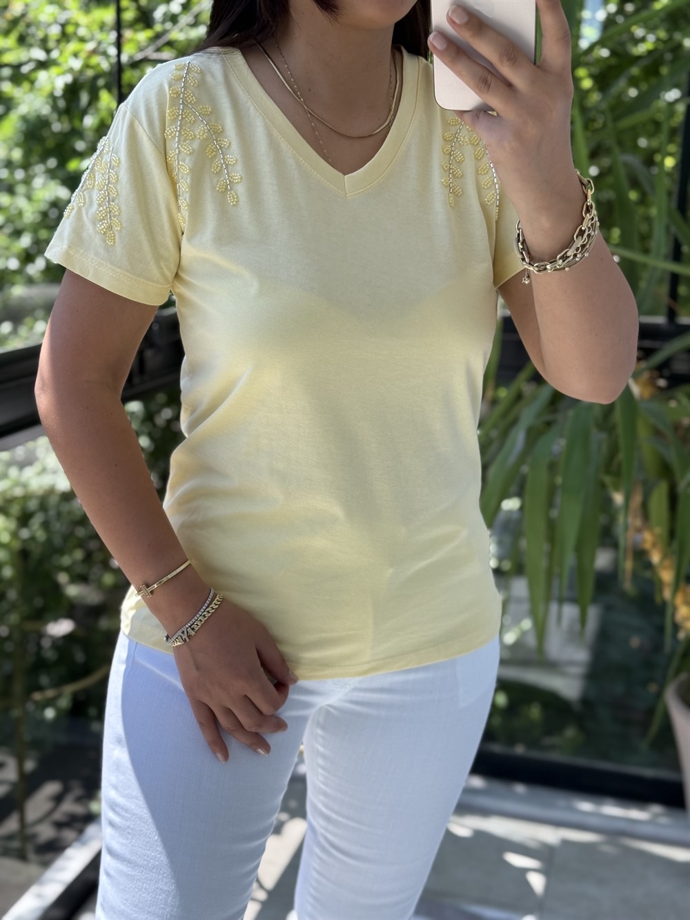 Flora Boncuk Detaylı Tişört Sarı