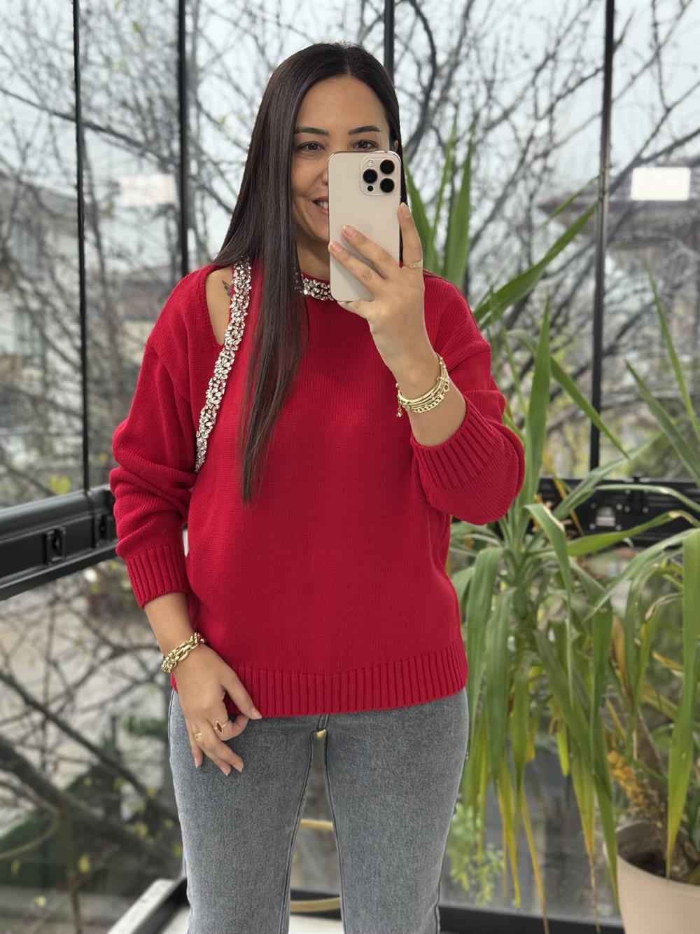 Taş Şerit işleme Cut Aut Kazak Kırmızı