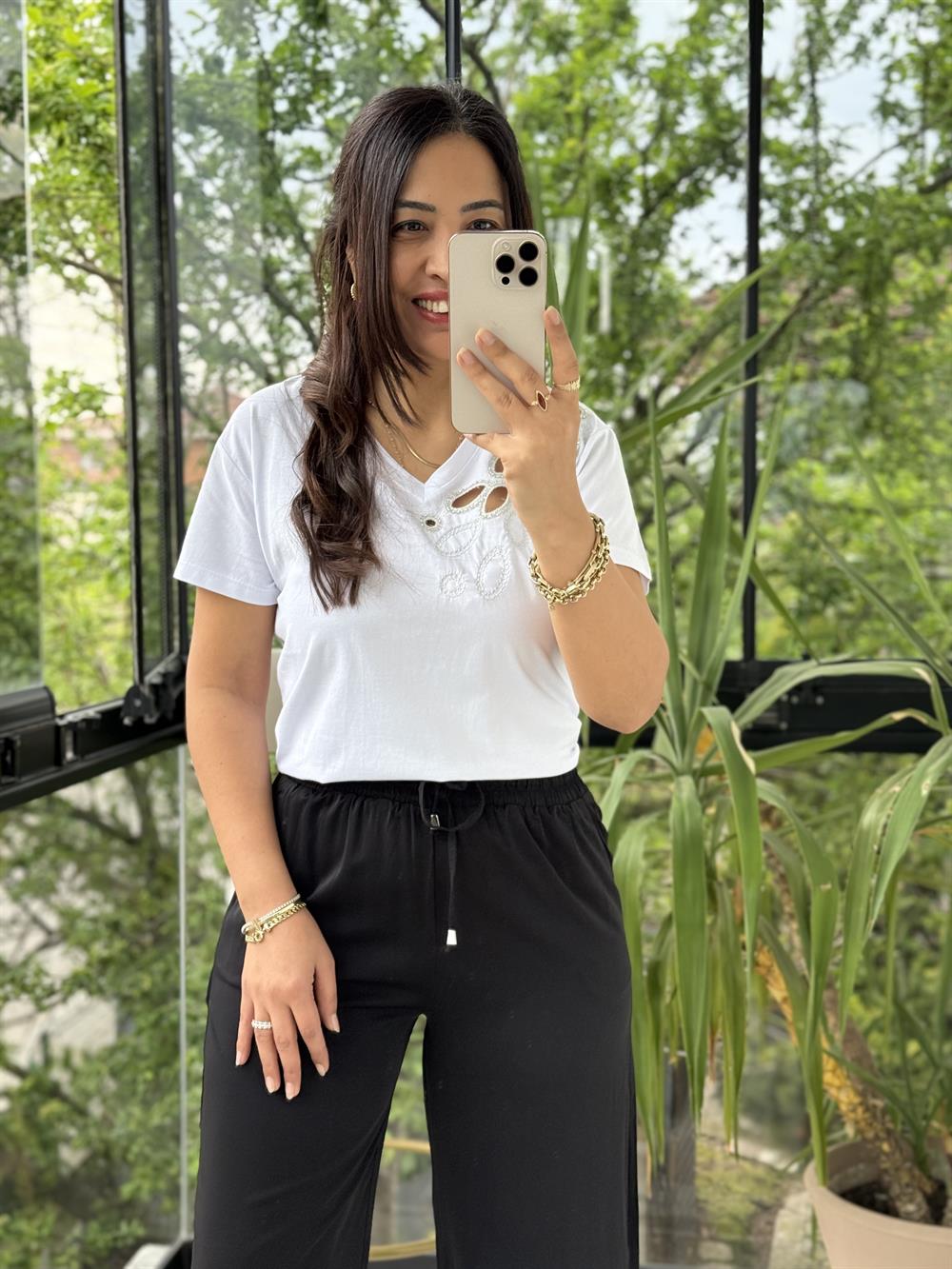 Tek Omzu Lazerli Boncuklu Beyaz