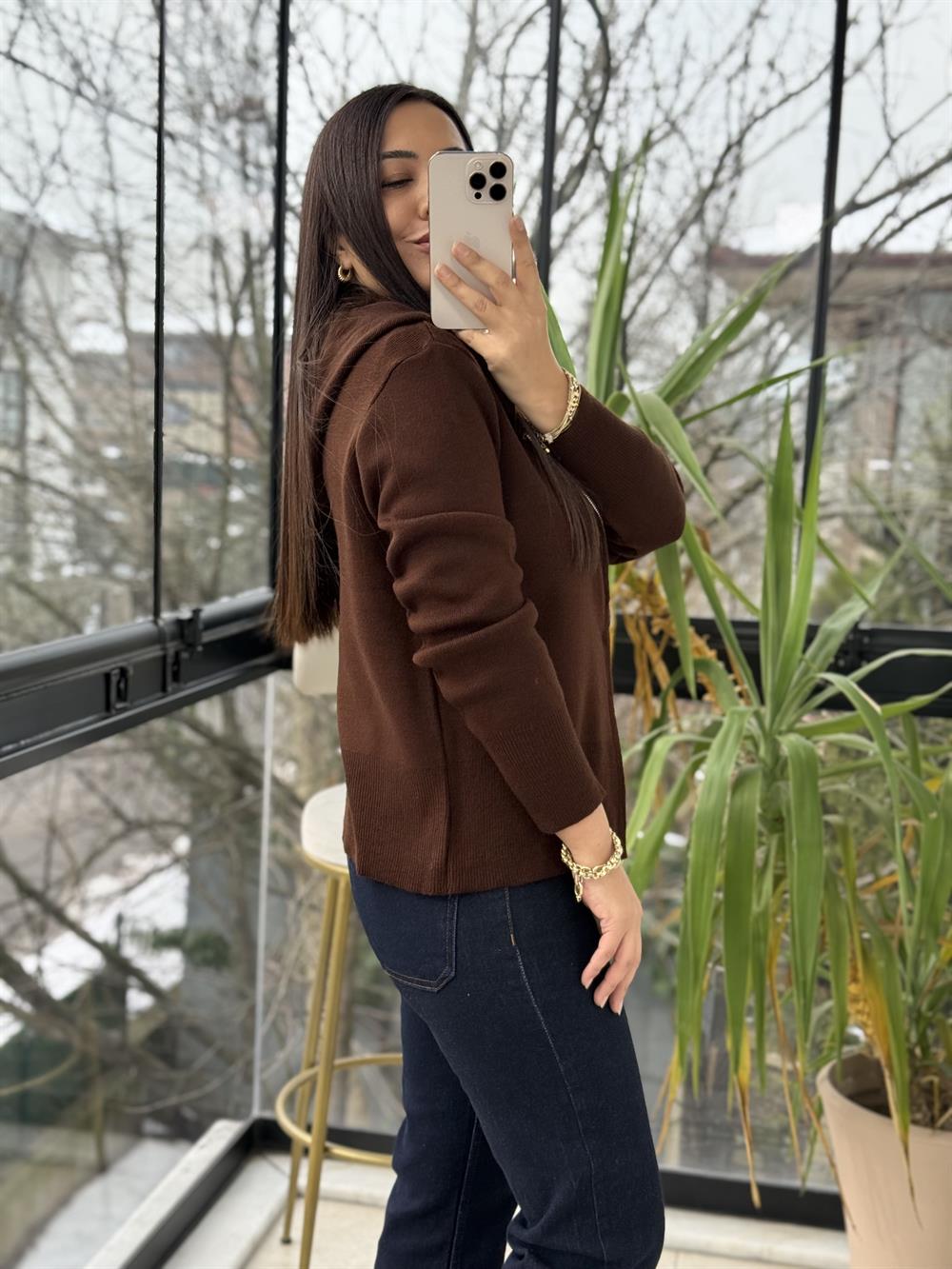 Çift Fermuarlı Kapüşonlu Yumoş Basic Hırka Kahve