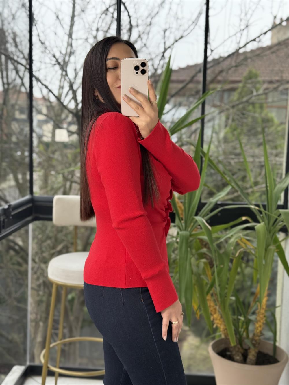 Önü Büzgülü Düğmeli Triko Hırka Kırmızı