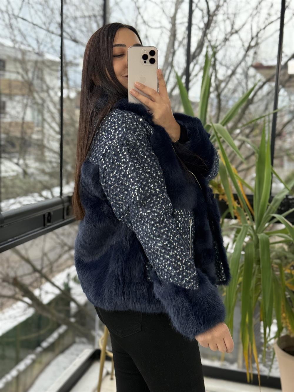 İthal Payetli Mont lacivert