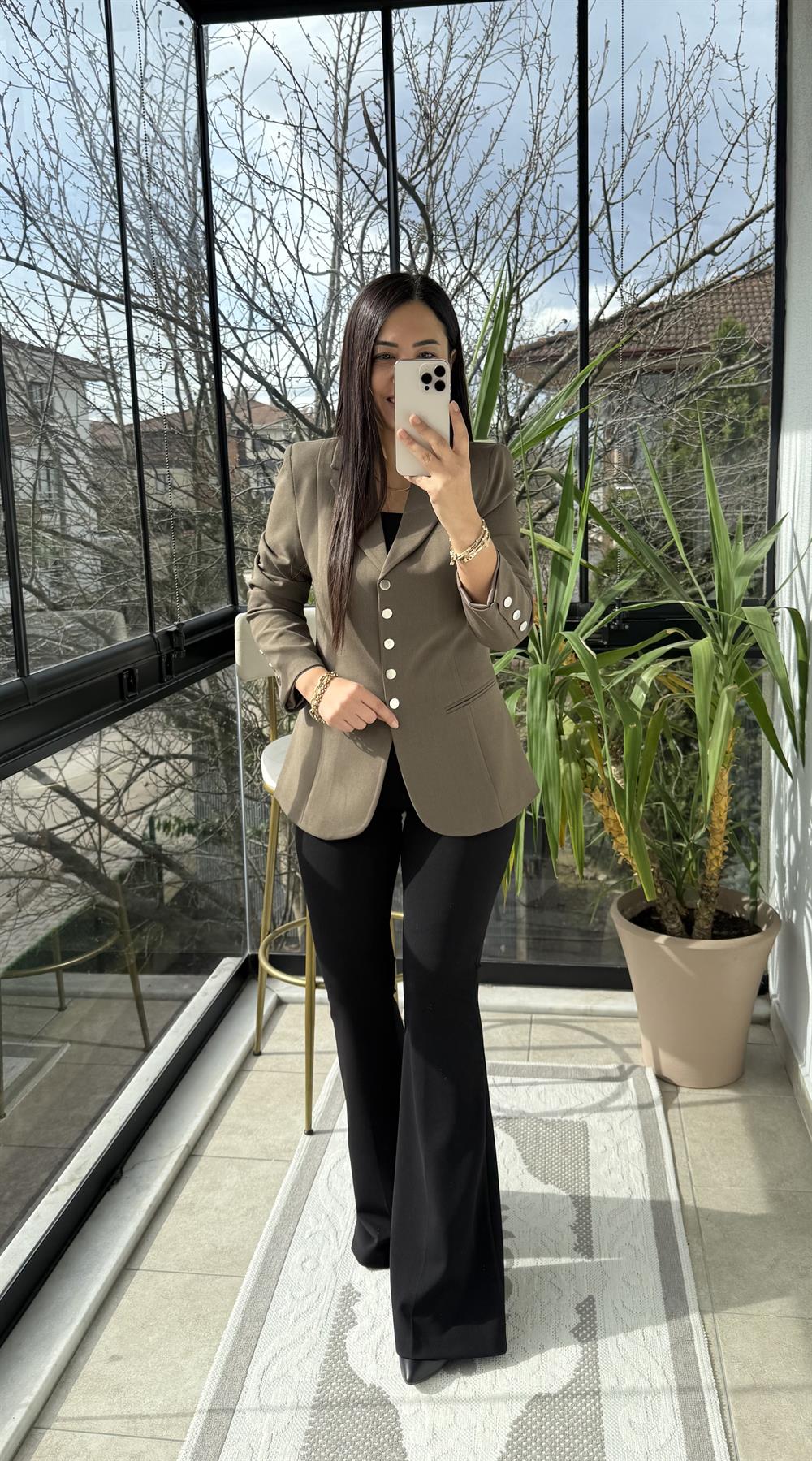 Beş Düğme Slimfit Blazer Ceket Bisküvi Kahve