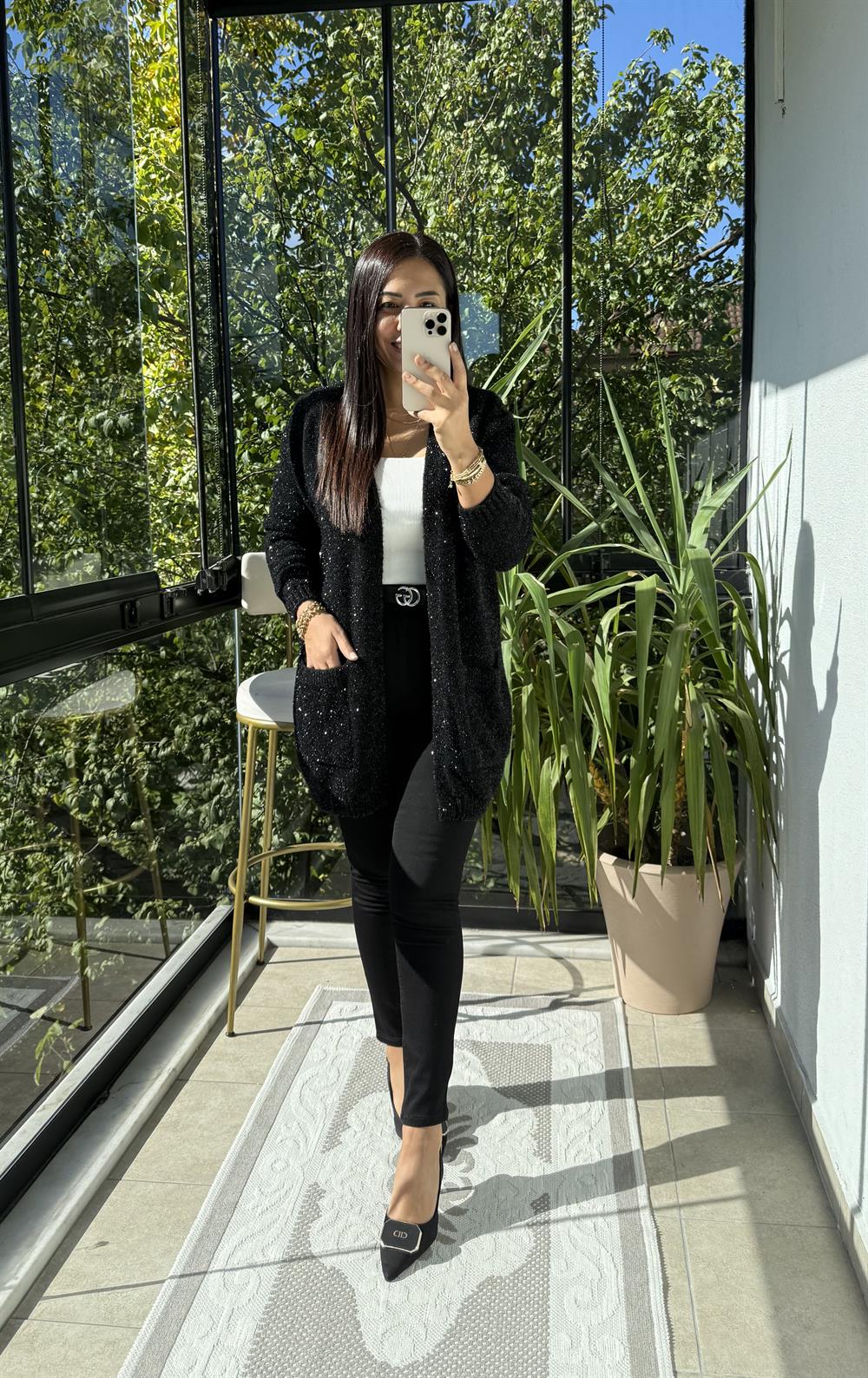 Önü Cep Detaylı Slim Yumoş Hırka Siyah