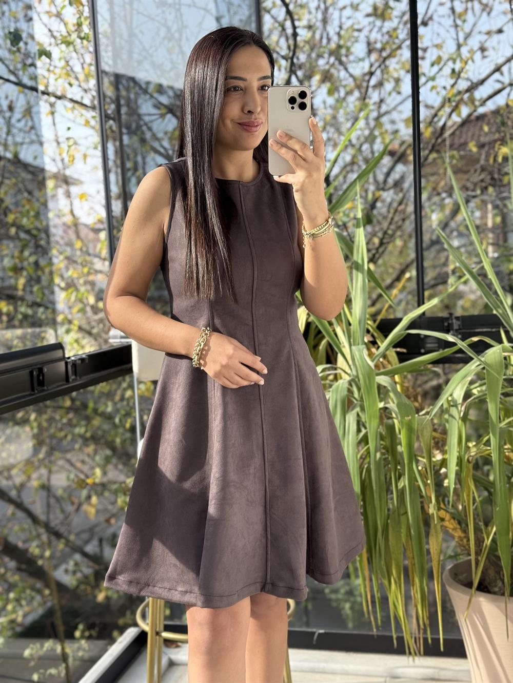 Volanlı Süet Elbise Kahve