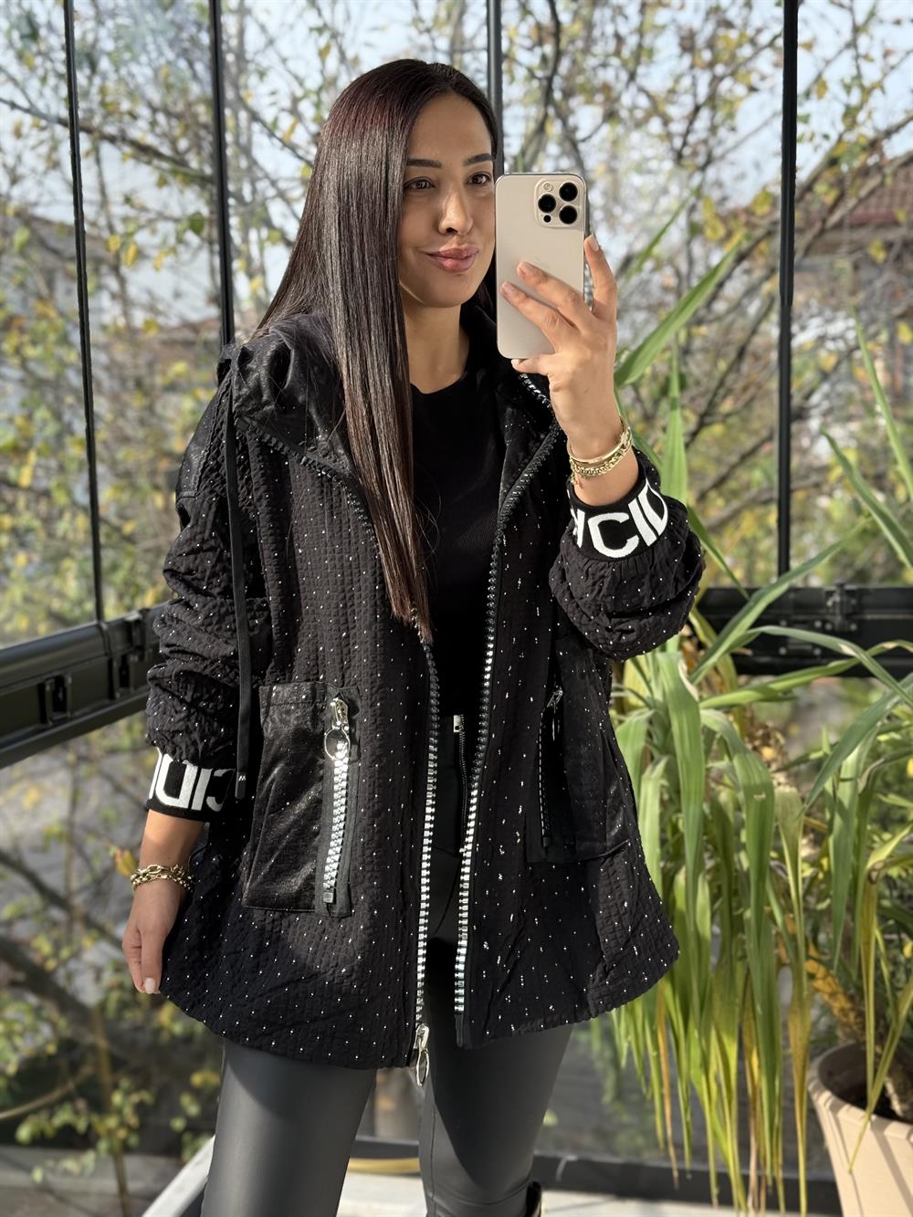 İthal Kalın Fermuarlı Trenç Siyah