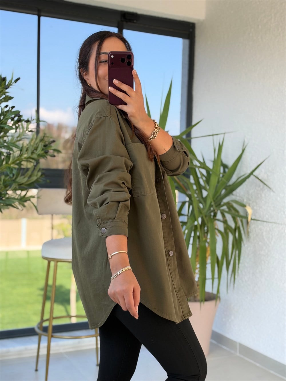 Düğmeli Oversize Gömlek Haki Yeşili